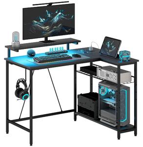 Písací stôl HOMCOM v tvare L s LED osvetlením, zásuvkami, USB portmi, policou a podstavcom pod monitor