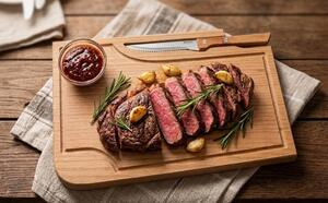 AMADEA Drevená doštička na steak s nožom a miskou, masívne drevo, 30x20x1, 5 cm