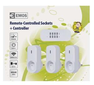 P0070 EMOS 4-set - diaľkovo ovládané zásuvky 3x, diaľkový ovládač 1x, vrátane batérie 1×3V CR2032, IP44, biela