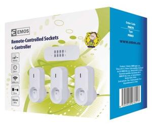 P0070 EMOS 4-set - diaľkovo ovládané zásuvky 3x, diaľkový ovládač 1x, vrátane batérie 1×3V CR2032, IP44, biela