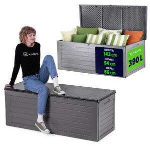Úložný box KADAX 390 l, záhradný box z polypropylénu, box na vankúše do záhrady, na terasu a balkón, box na vankúše s uzamykateľným vekom a vzhľadom dreva (tmavošedý)