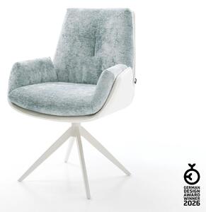 DELIFE Otočná jedálenská stolička Clea-Flex zmiešané materiály pravá koža bielo-pastelovo modrá krížová podstava široká biela 360° otočná hojdacia funkcia