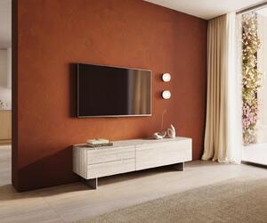 DELIFE TV stolík Cuor 180 cm keramika Laminam® Travertino Bianco krémovo biela 1 výklopné dvierka 2 zásuvky podstava závesná nerezová oceľ