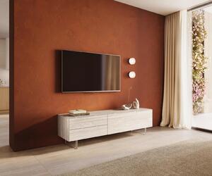 DELIFE TV stolík Cuor 180 cm keramika Laminam® Travertino Bianco krémovo biela 1 výklopné dvierka 2 zásuvky podstava závesná akrylové sklo