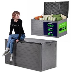 Úložný box KADAX 680 l, plastový záhradný box, box na vankúše do záhrady, na terasu a balkón, box na vankúše s uzamykateľným vekom a vzhľadom dreva (tmavošedý)
