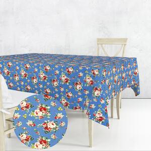 Ervi bavlnený obrus na stôl štvorcový - ružičky na modrom