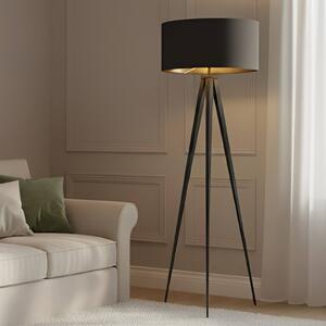 Stojacia lampa Lindby Benik, trojnožka, textil, čierna/zlatá, 153 cm, Čierna, Obývacia izba / jedáleň, Textil / látka / hodváb, Moderný, Trojhran
