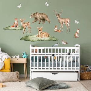 INSPIO-textilná prelepiteľná nálepka - Nálepka na stenu - Forest lesný motív, medveď, srnky a zvieratká