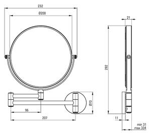 Deante Round, kozmetické kúpeľňové zrkadielko na ramene (2x), zväčšenie (3x), čierna matná, DEA-ADR_N811