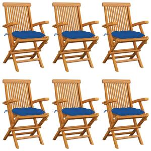 Záhradné stoličky s modrými podložkami 6 ks tíkový masív