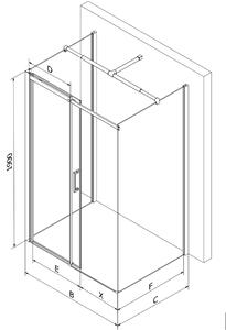 Mexen Omega, 3-stenový sprchovací kút s posuvnými dverami 110 (dvere) x 80 (stena) x 190 cm, 8mm číre sklo, chrómový profil + čierna sprchová vanička SLIM, 825-110-080-01-00-3S-4070