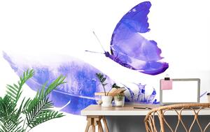 Samolepiaca tapeta pierko s motýľom vo fialovom prevedení