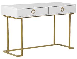 Konzolový stolík biely zlatý kovový stojan 2 zásuvky okrúhle prstencové úchytky stolík do domácej kancelárie obývacia izba spálňa