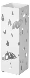 SONGMICS Kovový držiak na dáždniky s háčikmi a odkvapkávačom, 49 x 15,5 x 15,5 cm, biely