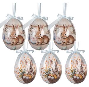 6ks dekorácie biele a béžové závesné vajíčko s zajačikmi Spring Egg - Ø 7*10 cm - Clayre & Eef