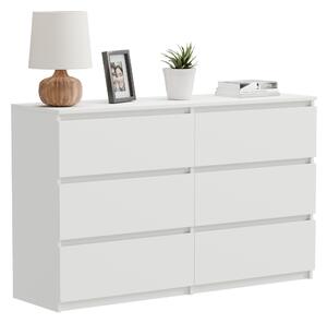 Biela komoda so 6 zásuvkami, výška 100 cm, funkčný moderný dizajn, vhodná do obývačky, spálne, kancelárie alebo domácnosti
