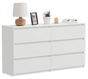 Komoda, biela, matný povrch, 120 cm, moderný klasický štýl, s 6 zásuvkami, vhodná do obývačky, kancelárie a spálne