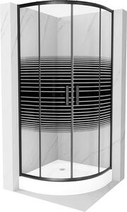 Mexen Rio, štvrťkruhový sprchovací kút s posuvnými dverami 90 (dvere) x 90 (dvere) x 190 cm, 5mm číre sklo s pásikmi, čierny profil + Rio sprchová vanička biela, 863-090-090-70-20-4710