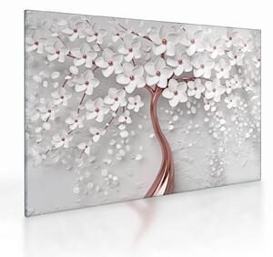 Sklenený obraz - Sklenený obraz bieleho stromu s kvetinami, rosegold (70x50 cm)