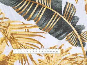 Bavlnená látka/plátno Sandra SA-388 Sivozelené a zlaté tropické listy na bielom - šírka 160 cm