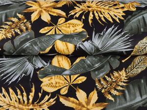 Bavlnená látka/plátno Sandra SA-389 Sivozelené a zlaté tropické listy na čiernom - šírka 160 cm