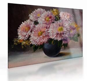 Sklenený obraz - Olejomaľba, Kvety vo váze (70x50 cm)