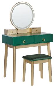 Toaletný stolík zelená a zlatá MDF 4 zásuvky LED zrkadlo stolička nábytok do obývačky glamour dizajn
