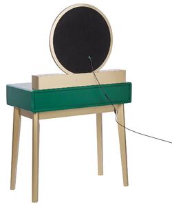 Toaletný stolík zelená a zlatá MDF 4 zásuvky LED zrkadlo stolička nábytok do obývačky glamour dizajn