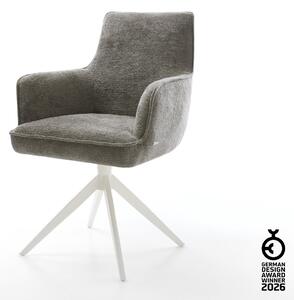 DELIFE Jedálenská stolička Heira-Flex s opierkami bouclé mäkký tmavobéžová krížová podstava široká biela 360° otočná hojdacia funkcia vrecková pružina