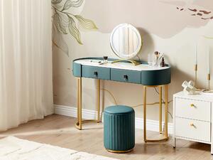 Toaletný stolík tmavozelená a zlatá MDF 2 zásuvky LED zrkadlo stolička nábytok do obývačky glamour dizajn