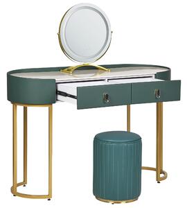Toaletný stolík tmavozelená a zlatá MDF 2 zásuvky LED zrkadlo stolička nábytok do obývačky glamour dizajn