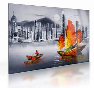Sklenený obraz - Victoria Harbor, Hong Kong, čiernobiela olejomaľba (70x50 cm)
