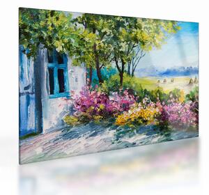 Sklenený obraz záhradky pred domom, olejomaľba (70x50 cm)
