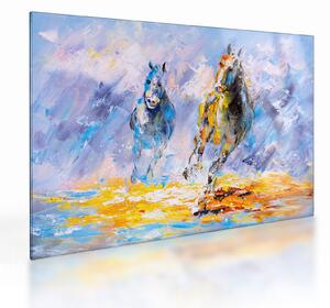 Sklenený obraz bežiacich koňov, olejomaľba (70x50 cm)