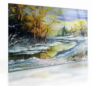 Sklenený obraz zimnej rieky, olejomaľba (70x50 cm)