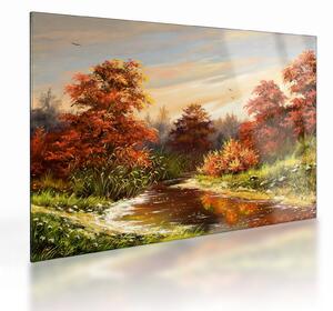 Sklenený obraz rieky v jesennej krajine, olejomaľba (70x50 cm)