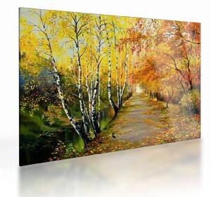 Sklenený obraz - Romantická alej pozdĺž vody, olejomaľba (70x50 cm)