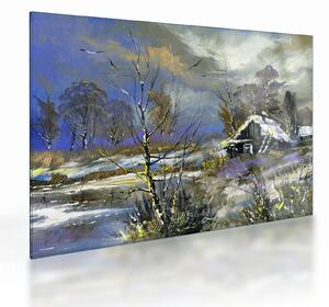 Sklenený obraz chalúpky v zimnej krajine, olejomaľba (70x50 cm)