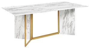 Jedálenský stôl biela a zlatá MDF sklo kov 100 x 200 cm mramorový vzhľad obdĺžnikový pre 8 osôb elegantný glamour dizajn