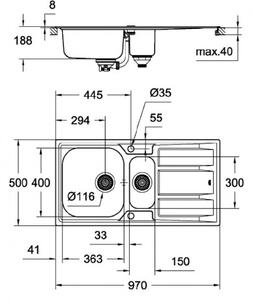 GROHE drezy - drez K400 Sink 60 970 x 500 mm s odkvapkávačom kartáčovaná nerezová oceľ 31567SD0