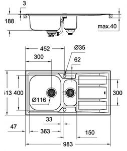 GROHE drezy - drez K400+ Sink 60 983 x 513 mm s odkvapkávačom kartáčovaná nerezová oceľ 31569SD0