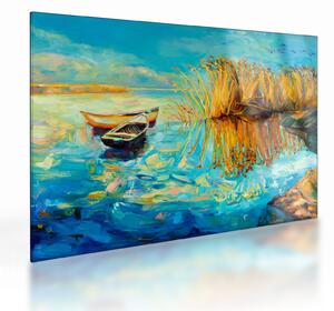 Sklenený obraz - Jazero s loďkami (70x50 cm)