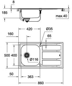 GROHE drezy - drez K400 Sink 45 860 x 500 mm s odkvapkávačom kartáčovaná nerezová oceľ 31566SD0