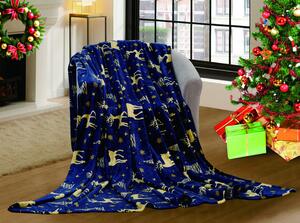 Tmavomodrá vianočná mikroplyšová deka GOLDEN DEER Rozmer: 160 x 200 cm