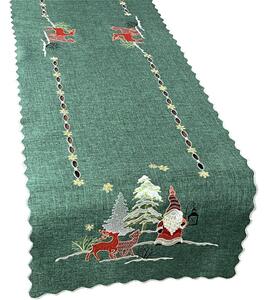 Vianočná zelená štóla s výšivkou škriatka a sobov Šírka: 40 cm | Dĺžka: 160 cm