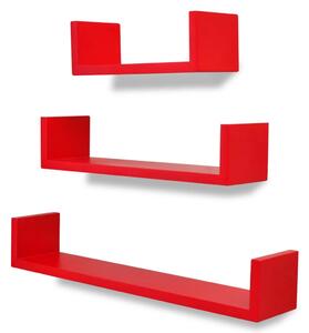 3 červené plávajúce nástenné police z MDF v tvare písmena U