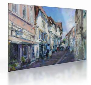 Sklenený obraz - Ulička starého mesta, akrylová maľba (70x50 cm)