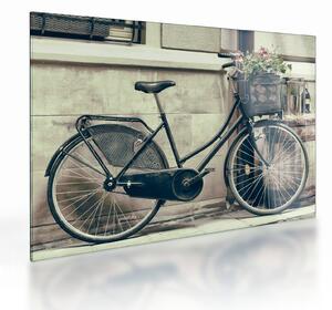 Sklenený obraz - Vintage kolo s kvetinami (70x50 cm)