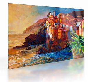 Sklenený obraz - Dedina na pobreží Cinque Terre, Talianska riviéra, moderný impresionizmus (70x50 cm)