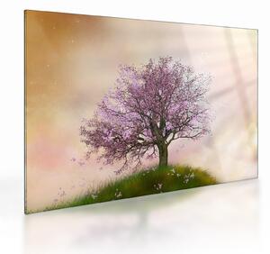 Sklenený obraz rozkvitnutého stromu na vrchole kopca (70x50 cm)